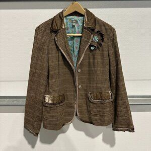 Anthropologie Edme & Esyllte Brown Houndstooth Velvet Trim Blazer Jacket 8P